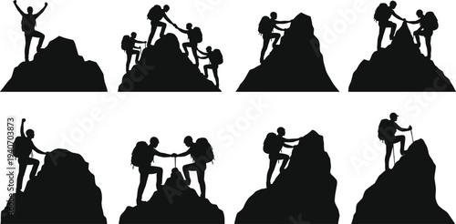 hiking, climber, mountain, adventure, trekking, silhouette, backpacker, expedition, summit, teamwork, outdoor, travel, climbing, success, nature, illustration, vector, people, challenge, exploration