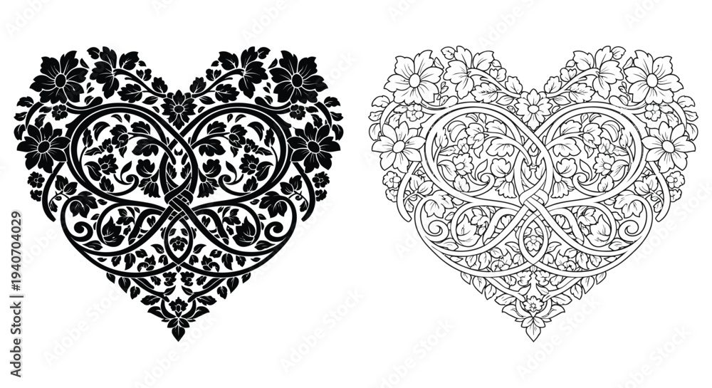 Εκτύπωση καμβά Floral heart designs intricate patterns symmetrical artwork decorative illustrat