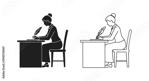 Woman writing with a quill pen at a desk two versions silhouette