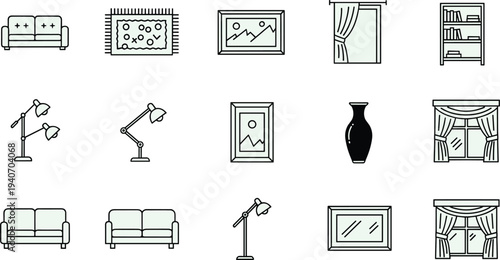 Interior design icon set featuring furniture, sofa, lamp, mirror, window, and home decor elements isolated on white background for web design