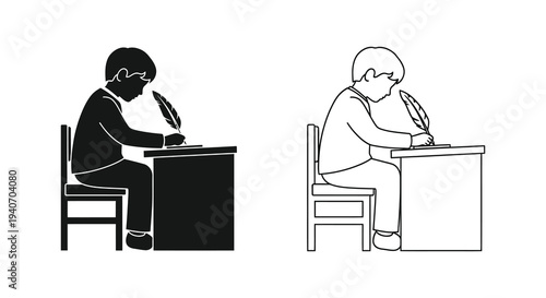 Two depictions of a boy writing with a quill pen contrasting styles silhouette