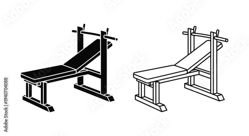 Two views of a weight bench illustrated in a stark black outline silhouette