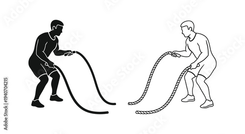 Two men engaged in battle rope exercise depicted in stark silhouette