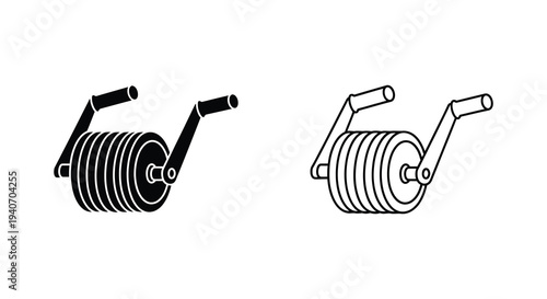 Two depictions of a manual hose reel one solid and one outlined silhouette