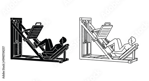 Leg press machine illustration with a person exercising simple black outline silhouette