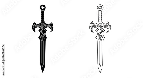 Two ornate daggers one solid black and one white outline silhouette