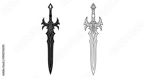 Two ornate fantasy swords illustrated in black showcasing detailed designs silhouette