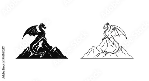 Two dragon images on rocky peaks a striking black silhouette