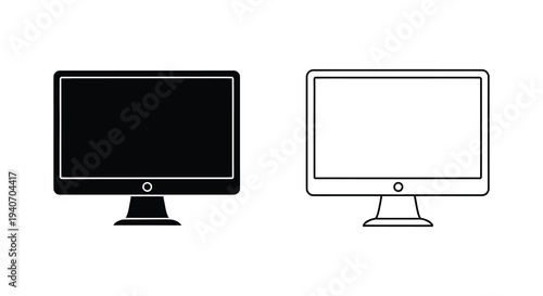Two computer monitors one filled and one outlined in a stark design silhouette
