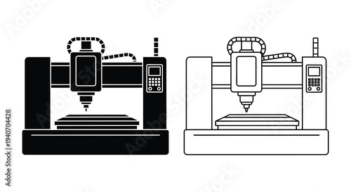 Two industrial cnc milling machines black and white detailed vector illustration silhouette