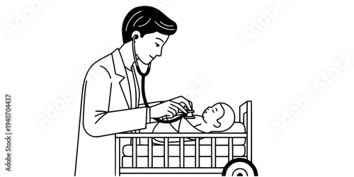 Pediatrician Examining Tiny Baby with Stethoscope Silhouette