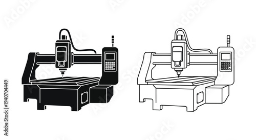 Two representations of a cnc router machine black and white silhouette