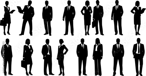 Vector silhouettes of men and a women, a group of standing business people, black color isolated on white background