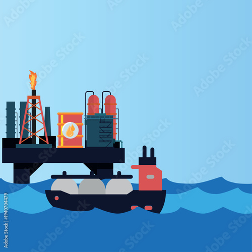 Set of oil industry extraction production and transportation oil and petrol, rig and barrels on flat cartoon icons. Vector Illustration of Offshore Oil Rig Bundle with Tanker Ship, Flat Style Design a