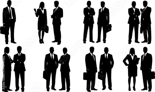 Vector silhouettes of men and a women, a group of standing business people, black color isolated on white background