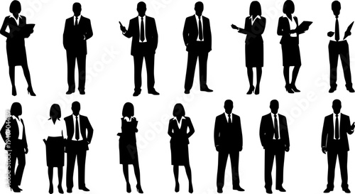 Vector silhouettes of men and a women, a group of standing business people, black color isolated on white background