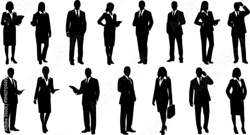 Vector silhouettes of men and a women, a group of standing business people, black color isolated on white background