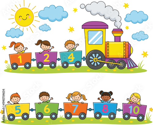 Kids number learning train cartoon, children counting education concept with colorful railway wagons and happy students vector illustration