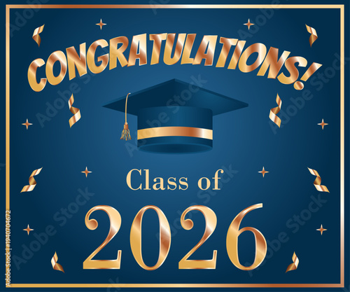Class of 2026 graduation banner with graduation cap and gold streamer