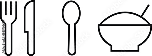 Black and white of fork knife spoon and bowl