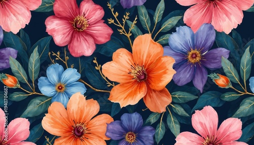 Vibrant floral pattern with pink orange blue purple flowers and green leaves. Golden branches accent dark background. Lively botanical design.