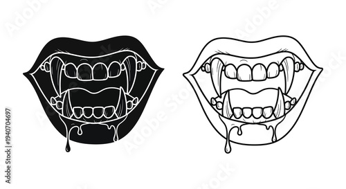 Vampire lips with fangs depicted in contrasting styles a striking silhouette