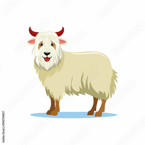 Cartoon illustration of a smiling yak with shaggy fur and red horns