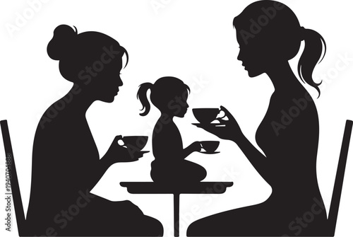 Mother, Woman and Child Drinking Tea in Silhouette white background