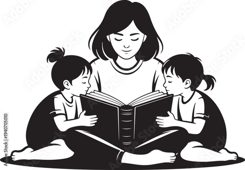Woman Reading Book with Two Children Sitting on Floor white background
