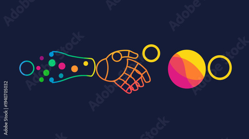 Abstract illustration of robotic arm manipulating colorful spheres and circles