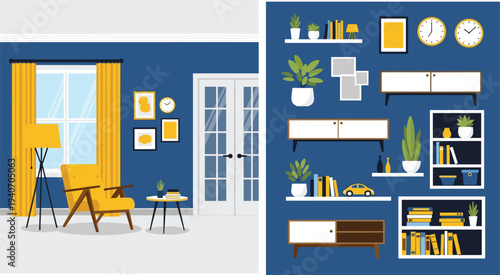 Modern living room interior design vector set featuring blue walls, yellow curtains, mid century furniture, bookshelves, lamps, and home decor,