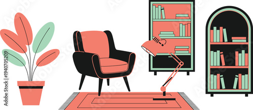 modern living room interior vector illustration, armchair reading corner with bookshelf, floor lamp, houseplant, cozy home decor furniture design