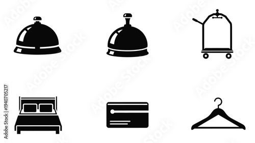 Hotel service icons depicting amenities and lodging black silhouette