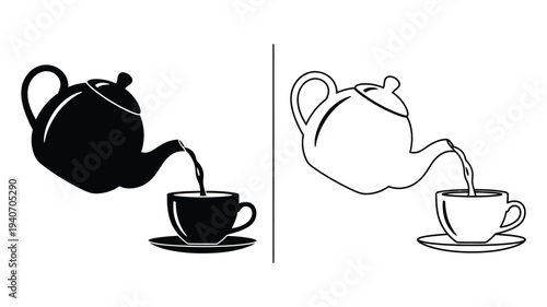Pouring tea from a teapot into a cup a stark silhouette
