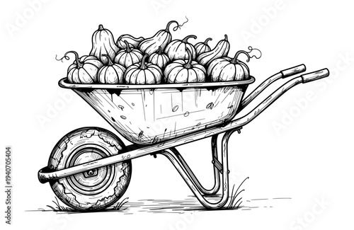 Wheelbarrow with Pumpkins Black and White Line Art Illustration