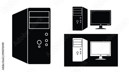 Black and white computer setup illustration in a striking silhouette