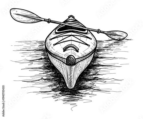 Kayak with Paddle Front View on Water Black and White Engraving Style Vector Illustration