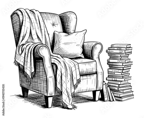 Cozy Armchair with Blanket and Stack of Books Black and White Engraving Style Vector