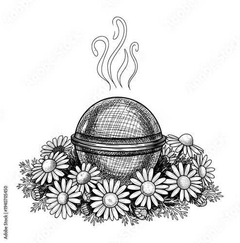 Chamomile Tea Infuser Ball with Flowers and Steam Black and White Engraving Style