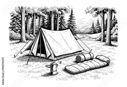 Camping Tent and Sleeping Bag in Forest Clearing Engraving Style Black and White Vector Illustration