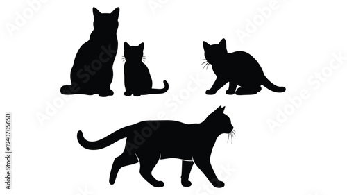 Four cats in various poses depicted as a dark silhouette