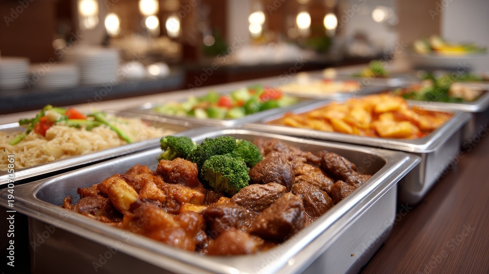 Obraz premium Buffet style dinner with diverse gourmet dishes on table