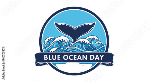Blue Ocean Day logo with whale tail and waves emblem.