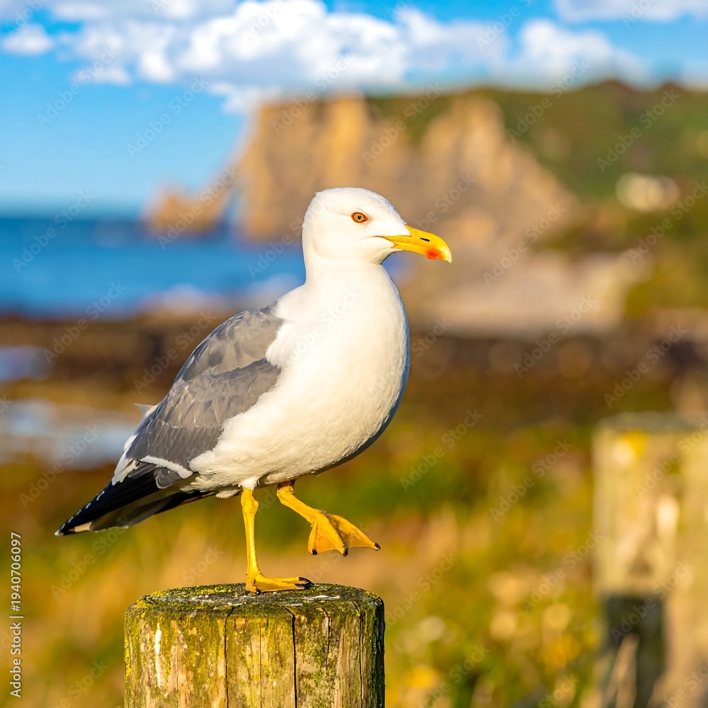 Fototapeta premium Seagull Perched on Wooden Post by the Coast.
