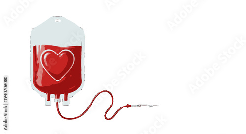 Blood donation bag with heart symbol and intravenous drip.