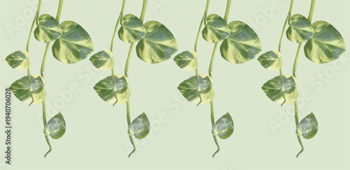Seamless Pattern of Hanging Pothos Leaves on Soft Green Background