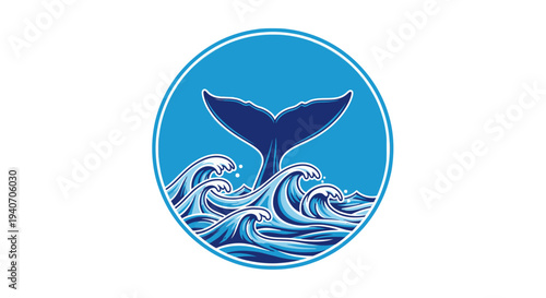 Whale tail in ocean waves circular logo design.
