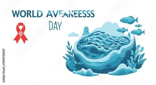 World Awareness Day illustration with ocean and marine life.