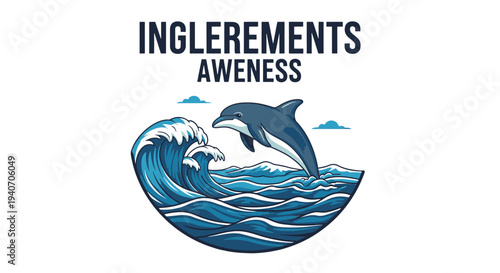 Dolphin jumping out of ocean wave illustration.