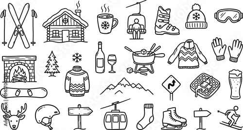 Collection of winter, ski resort, and cozy cabin icons, hand-drawn style